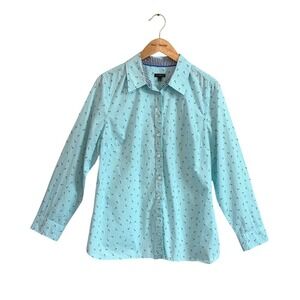 TALBOTS Large Light Blue Anchors Novelty Print Cotton Button Up Shirt Beachy